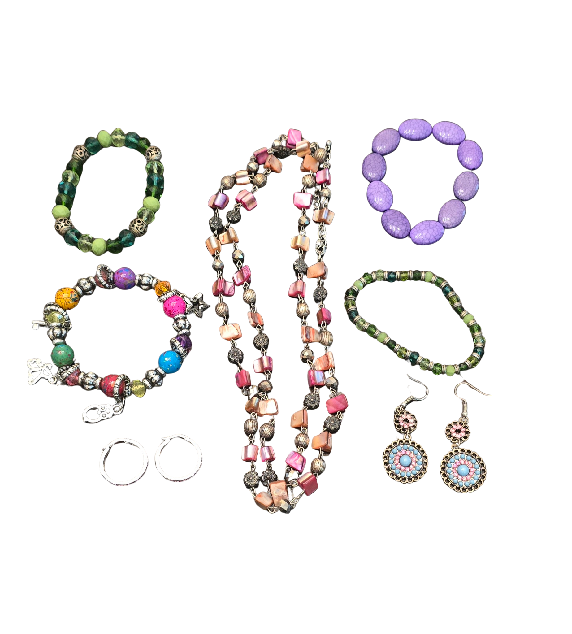 Retro-Inspired Fashion Jewelry Bundle – 3 Bracelets, 2 Earrings, 1 Layered Necklace