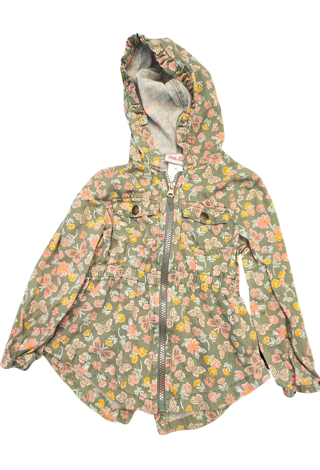 Girls’ 4T Floral & Butterfly Hooded Jacket – Zipper Front – Super Cute & Colorful (Gently Loved)