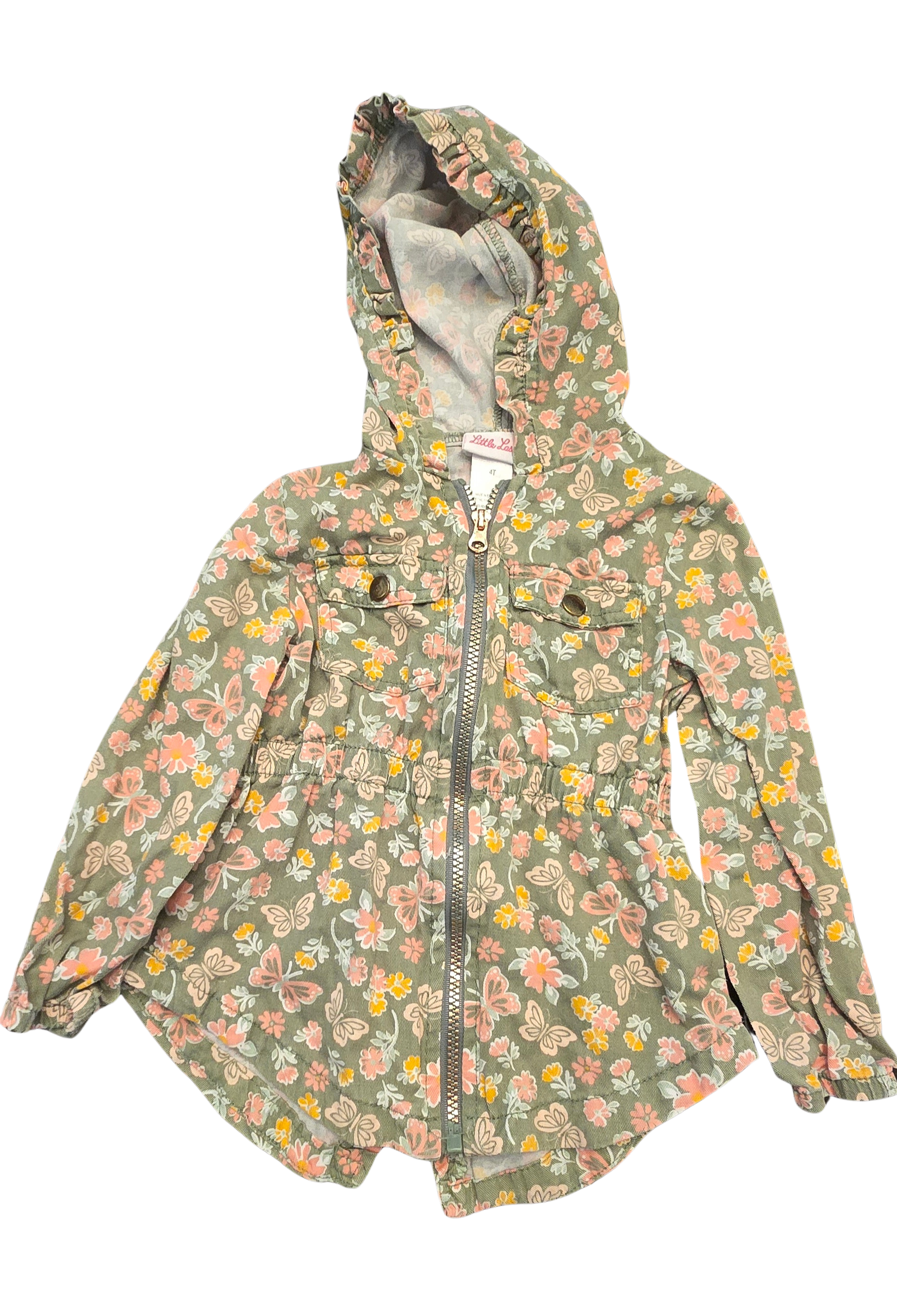 Girls’ 4T Floral & Butterfly Hooded Jacket – Zipper Front – Super Cute & Colorful (Gently Loved)