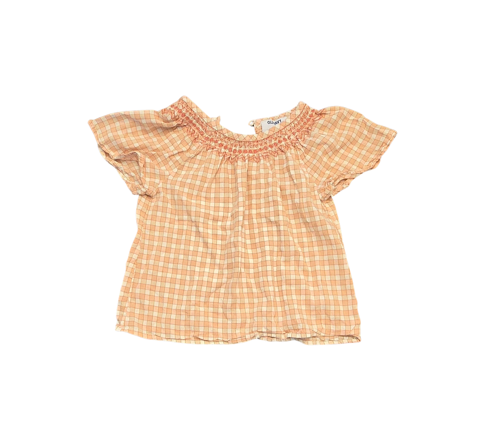 Old Navy Girls’ Checkered Short Sleeve Shirt – White, Pink & Brown – Size S (6/7) – Button Detail (Gently Loved)