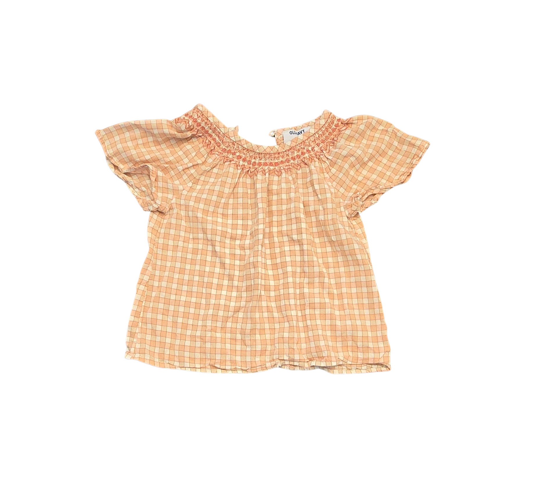 Old Navy Girls’ Checkered Short Sleeve Shirt – White, Pink & Brown – Size S (6/7) – Button Detail (Gently Loved)