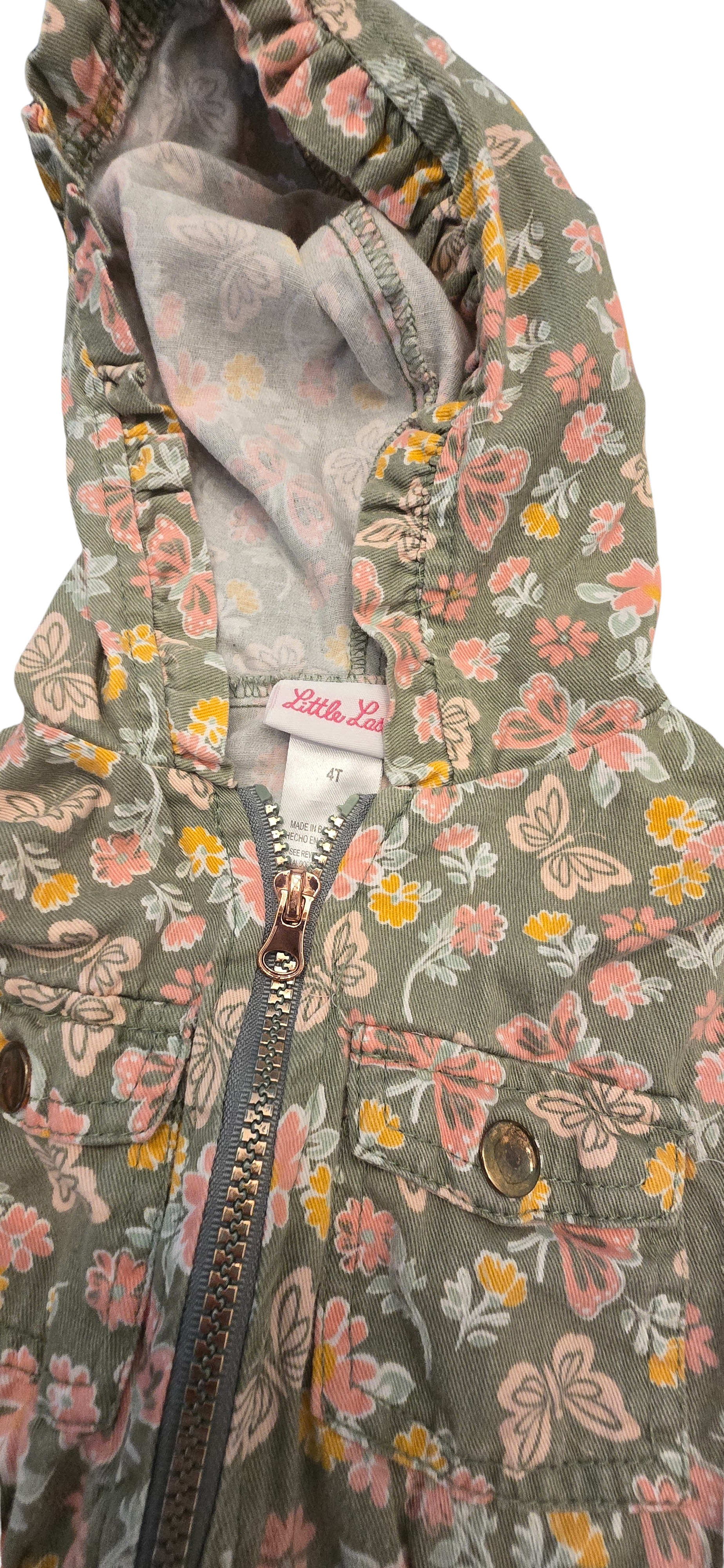 Girls’ 4T Floral & Butterfly Hooded Jacket – Zipper Front – Super Cute & Colorful (Gently Loved)