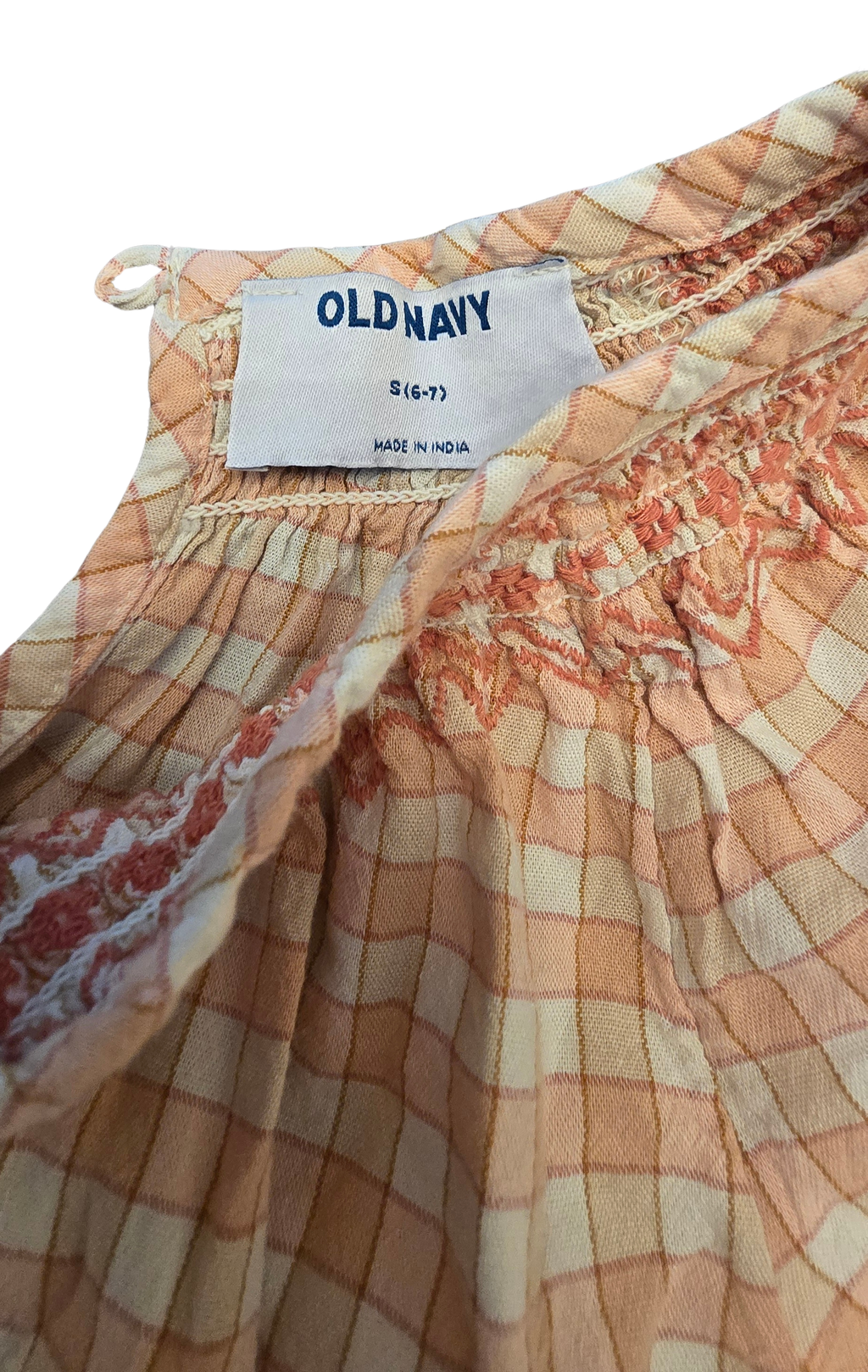 Old Navy Girls’ Checkered Short Sleeve Shirt – White, Pink & Brown – Size S (6/7) – Button Detail (Gently Loved)
