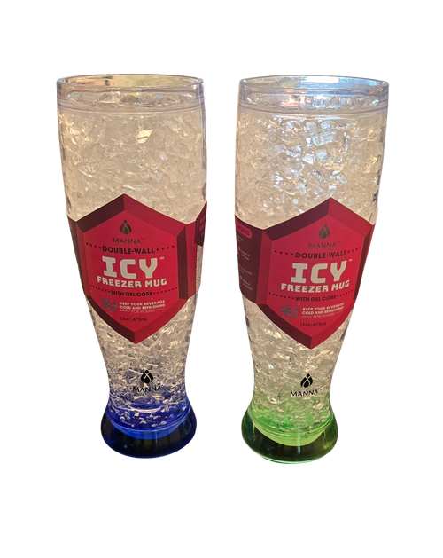 Set of 2 Icy Freezer Gel Core Mugs – 16 oz, Blue & Green, Fun Colors