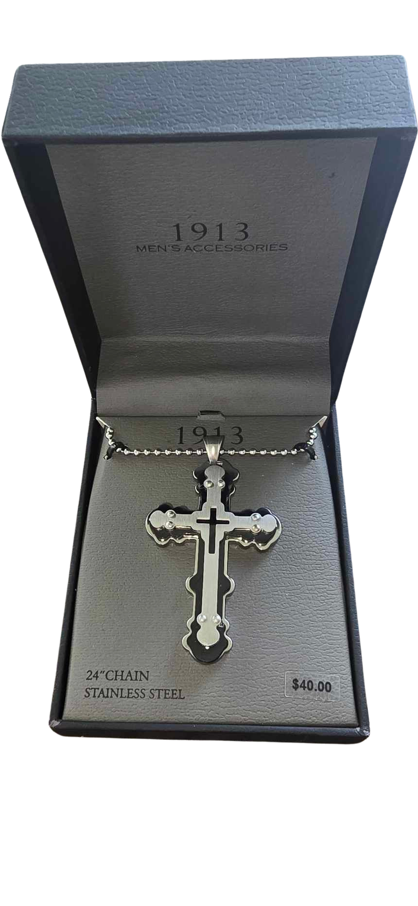 Men’s 1913 Stainless Steel Cross Necklace – 24" Chain, New in Box
