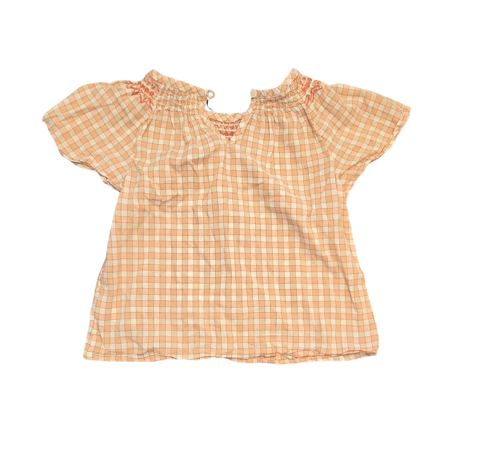 Old Navy Girls’ Checkered Short Sleeve Shirt – White, Pink & Brown – Size S (6/7) – Button Detail (Gently Loved)